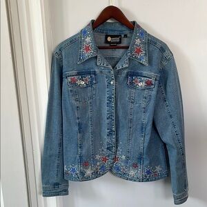 Christine Alexander Blue and Red Jean Jacket with Embroidery